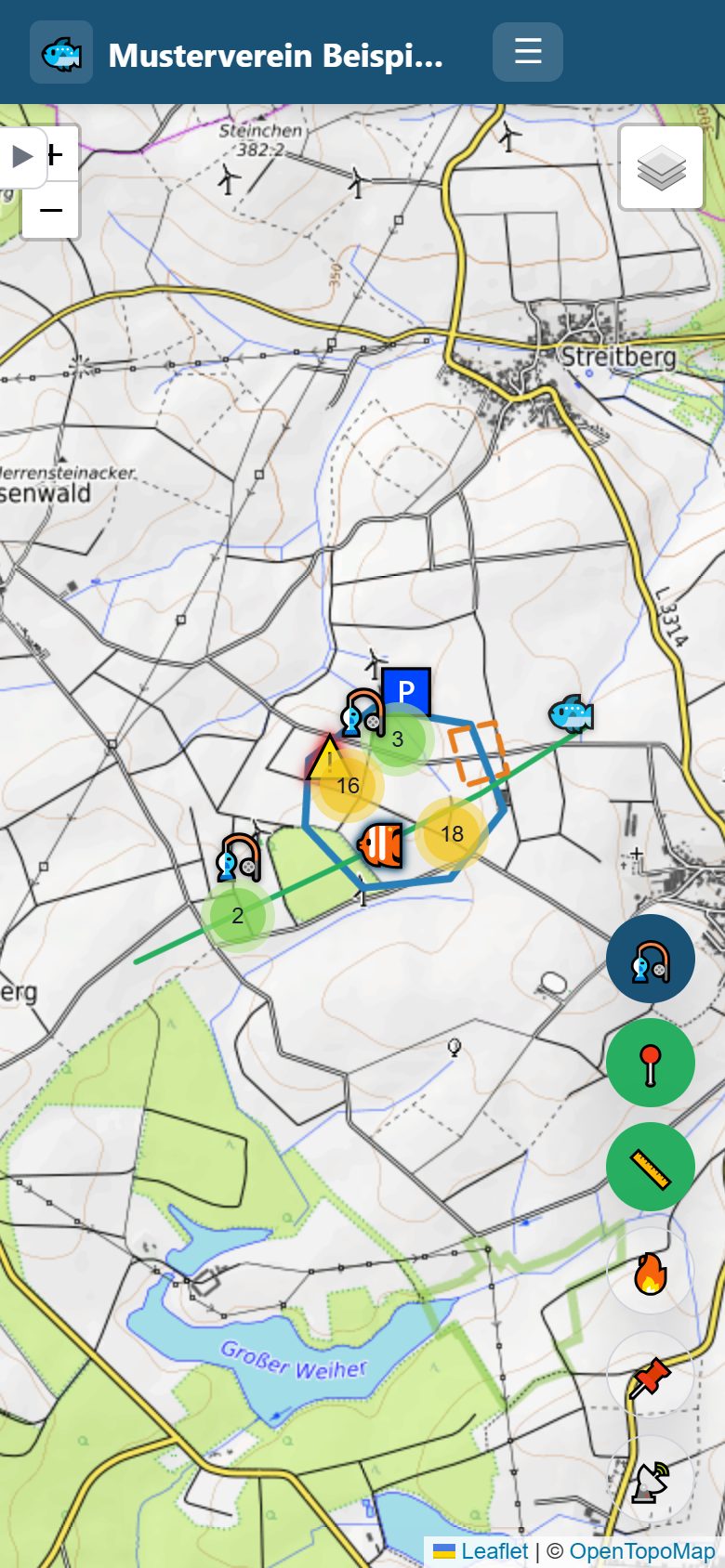 FishZone Fangbuch-App auf dem Handy: Gewässerkarte mit eingetragenen Fängen
